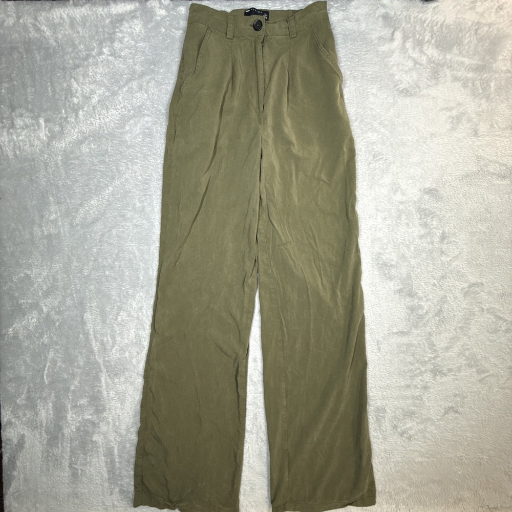 ASOS Design High Rise Wide‎ Leg Pants Women 2 Tall Green Pleated Bouncy Flowy
